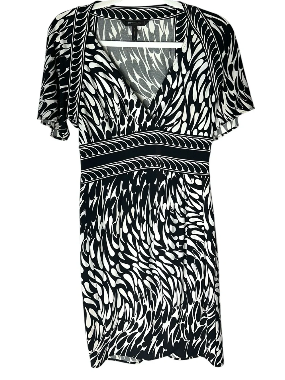 BCBGMaxAzria Black & White Printed V‑Neck Jersey Dress s